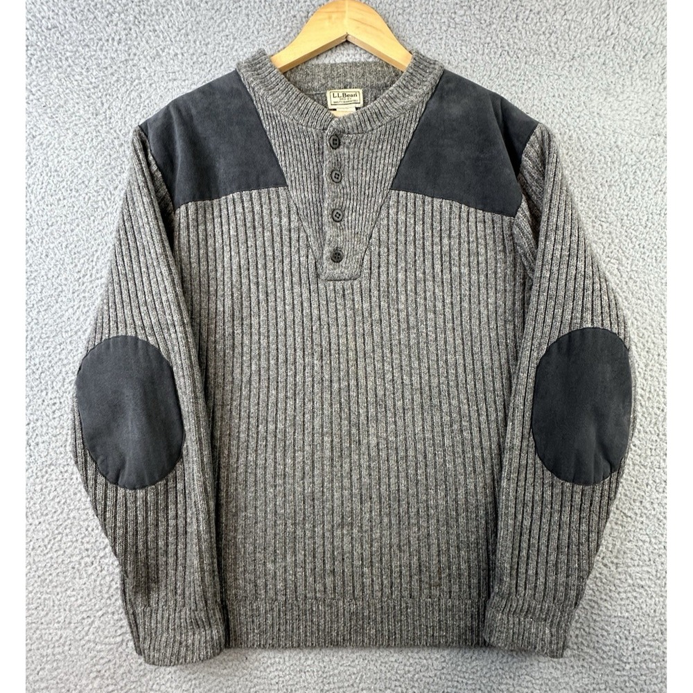 VTG L.L. Bean Commando Sweater Mens L Gray Wool 1/4 Button Crewneck Ribbed Knit